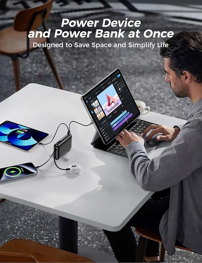 Power Bank, 50000 mAh Portable Charger with Built in Cable & Wall Plug, 22.5W Fast Charging, Travel Essential Battery Pack with LED Display for iPhone 17/16/15/14 Series, Galaxy, iPad Dark