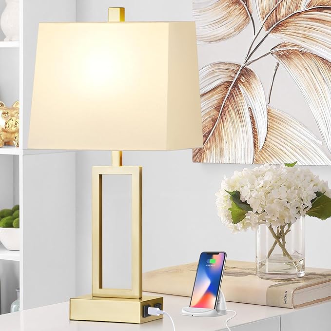 Rinweey 23.5" Touch Control Table Lamps Set of 2, Modern Gold Bedside Lamps with USB A+C Ports & AC Outlet, 3 Way Dimmable Contemporary Nightstand Lamps for Bedroom Living Room(2 LED Bulb Included)