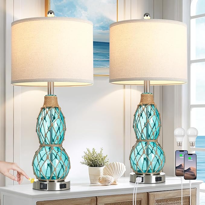 Rinweey 26" Coastal Glass Table Bedside Lamps Set of 2, 3-Way Dimmable Touch Lamps with USB Ports and AC Outlet, Nautical Nightstand Lamps for Bedroom Living Room,Teal