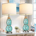 Rinweey 26" Coastal Glass Table Bedside Lamps Set of 2, 3-Way Dimmable Touch Lamps with USB Ports and AC Outlet, Nautical Nightstand Lamps for Bedroom Living Room,Teal