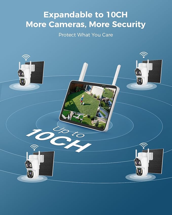 Hiseeu Solar Security Cameras Wireless Outdoor, Auto Tracking Dual-Lens Wireless Cameras for Home Security with 10" Touchscreen, 2.4 & 5GHz WiFi Pro 4 Cam-Kit, 2 Way Audio, 500GB HDD, 0 Monthly Fee