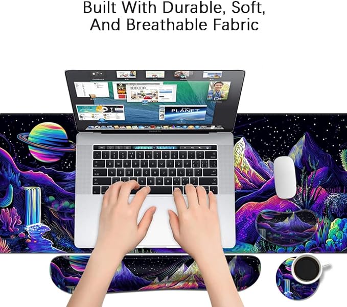 Desk Mat, Large Gaming Mouse Pad with Wrist Rest, 4 in1 XXL Mouse pad+Keyboard Wrist Rest+Mouse Pad Wrist Support+Cup Coaster Set, Ergonomic Desk Pad for Home Office, Neon Landscape