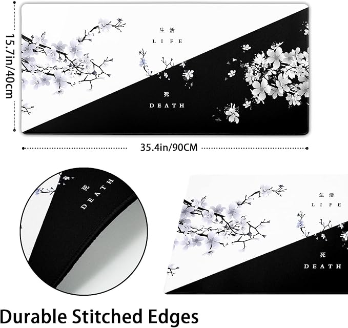 Black White Cherry Blossom Mouse Pad Japanese Sakura Death Life Flower Extended Desk Mat 90X40 CM Non-Slip Rubber Base Stitched Edge Large xxl Playmat for Gaming Laptop Computer Desktop 35.4×15.7 Inch
