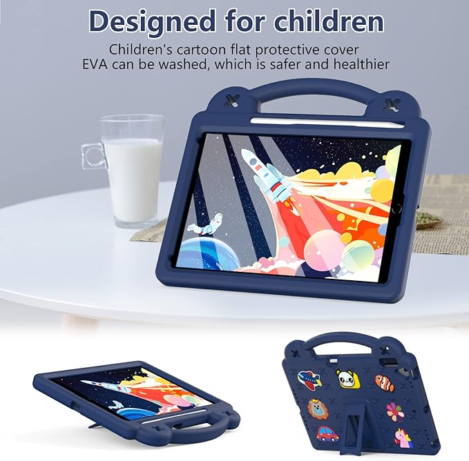 Dteck for iPad 9th/8th/7th Generation 10.2" Kids Case,Cute Panda Shockproof Rugged Lightweight Convertible Handles Stand Pencil Holder Kids Friendly Case for iPad 10.2 inch 2021/2020/2019,Navy Blue