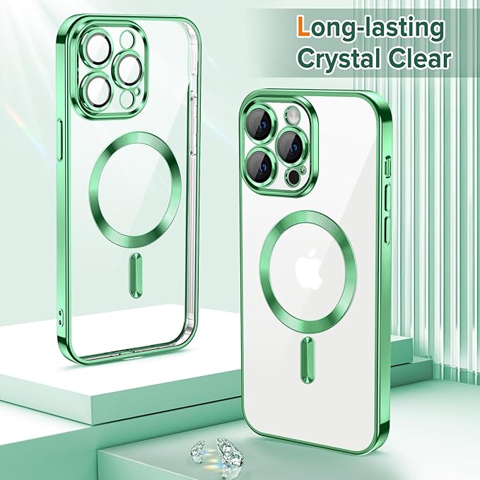 Hython Magnetic Clear for iPhone 13 Pro Max Case with Camera Lens Protector [Compatible with MagSafe] Plating Edge Slim Soft TPU Cover Protective Phone Case for iPhone 13 Pro Max 6.7", Light Green