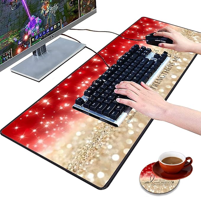 Extended Gaming Mouse Pad with Stitched Edges, Large Anti-Slip Mouse Pad (31.5x11.8 Inches) Desk Pad Keyboard Pad + Coaster for Work/Gamer/Home, Bible Verse Pink Philippians 4-13