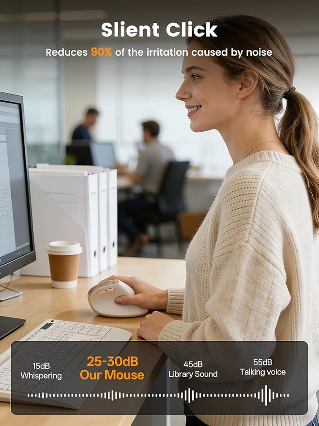 SABLUTE MAM3 Ergonomic Mouse, Rechargeable Wireless Vertical Mouse with 4 Adjustable DPI for Small/Medium Hands, Dual-Device Connectivity for Computer/PC/Laptop,Bluetooth Mouse for Window,Mac OS,Beige