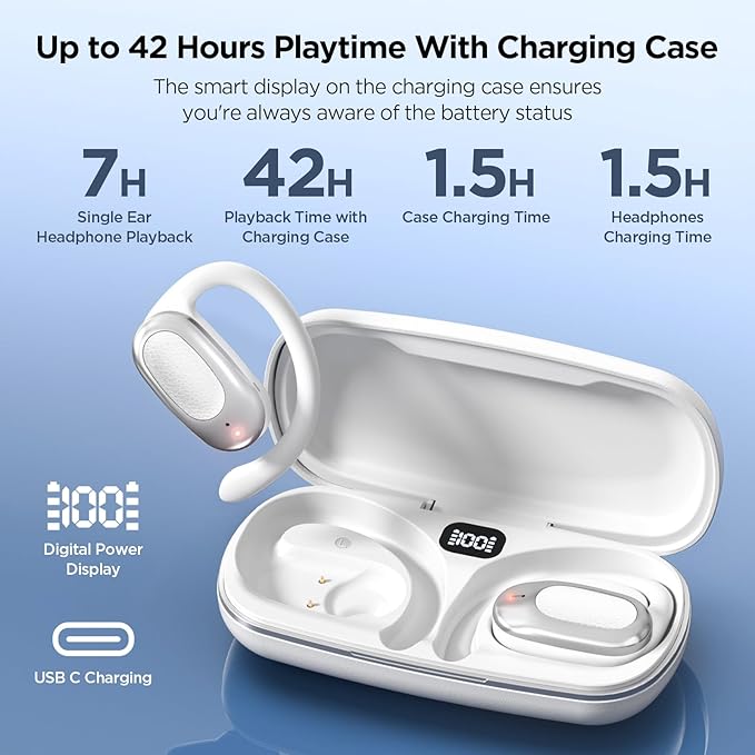 Open Ear Wireless Headphones Air Conduction Earbuds with Mic 42H Playtime Clear Calls LED Digital Display Over Earphones Lightweight Waterproof Secure Earhooks for PC Sports Running Game Business Work