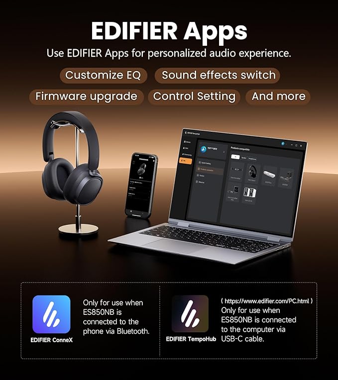Edifier ES850NB Active Noise Cancelling Headphones, Over Ear Bluetooth Headset, 92H Playtime Wired & Wireless Hi-Res Audio Certified, Fast Charging Clear Calls for Home Office Travel - Ivory