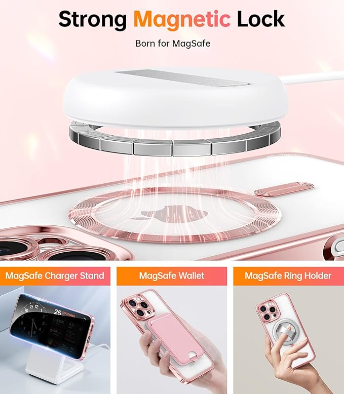 Meifigno Designed for iPhone 16 Pro Max Case 6.9", [Glitter Card & Wrist Strap], Compatible with MagSafe, 1X HD+1X Privacy Screen Protectors, Surround Lens Protection Designed for 16 ProMax, Rose Gold