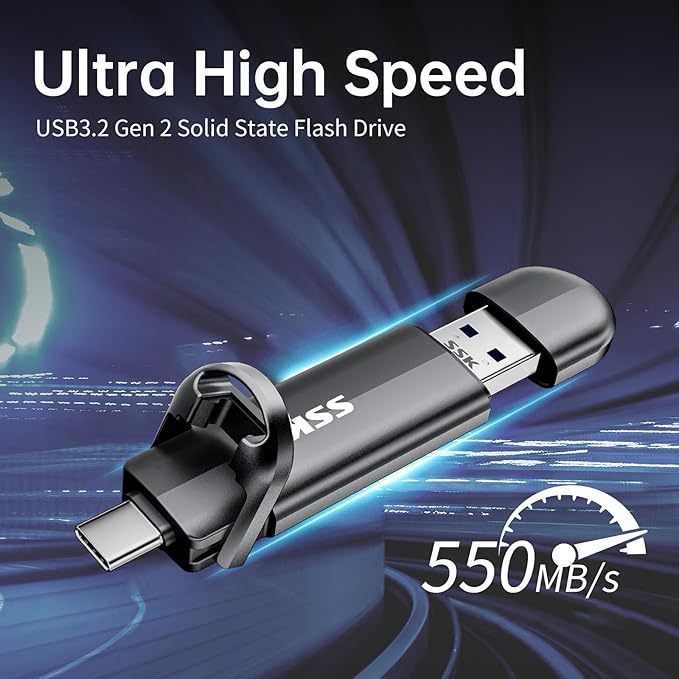SSK 2TB Dual USB C Flash Drive, 2-in-1 Type C+USB A 3.2 Gen2 External Solid State Thumb Drive,Speed Up to 550MB/s Memory Stick Data Storage for iPhone 15/16/17/Android Phone/Tablet/MacBook/Windows