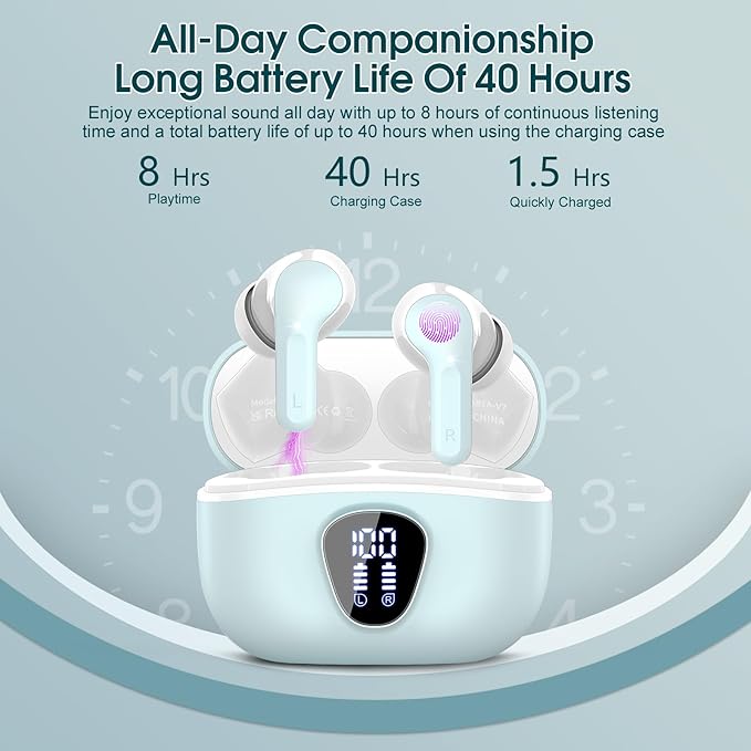 Wireless Earbuds, Bluetooth 5.4 Headphones HiFi Stereo, Bluetooth Earbuds with ENC Noise Cancelling Mic, IP7 Waterproof in Ear Earphones, 48H, LED Display Ear buds for Pad Phones Workout Sports, Azure