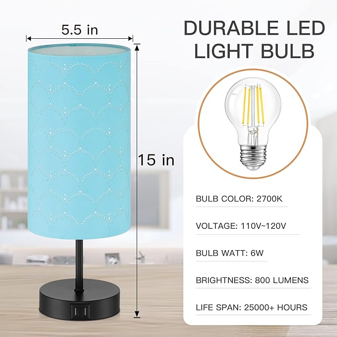 CINSARY Touch Control Bedside Lamp with 2 USB Ports, 3-Way Dimmable Table lamp for Bedroom, Nightstand Lamp with Round Blue Fabric Shade for Living Room Home Office (E26 LED Bulb Included)