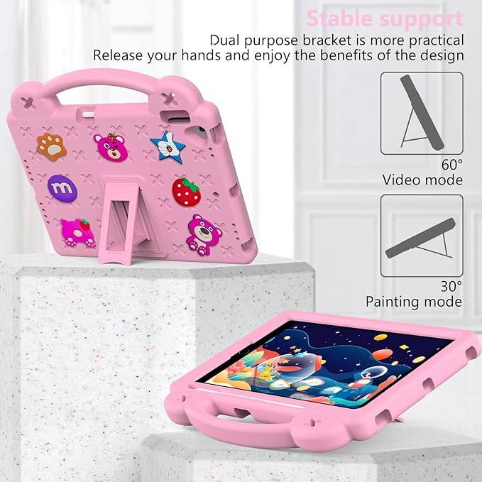 for iPad 9th Generation Case for Kids,iPad 8th 7th Gen Cover, Shoulder Strap Shockproof Cute DIY Figures Design Handle Stand Protective Rugged Case for Apple iPad 9th 8th 7th Gen 2021/2020/2019,Pink