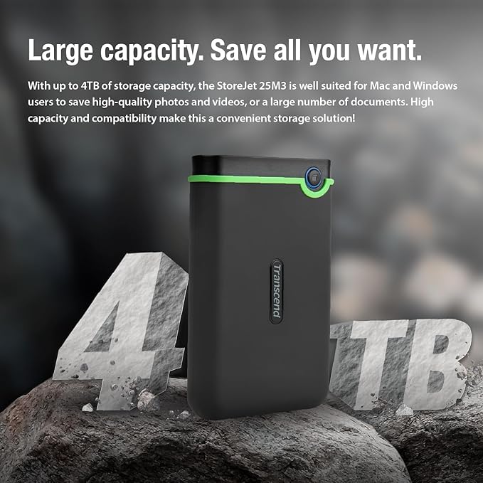 Transcend StoreJet 2TB Rugged External Hard Drive, USB3.1(5Gbps) Portable HDD w/One Touch Auto-Backup Button/Anti-Shock Resistant/Compact&Lightweight/Lightning-Fast Speeds, Iron Gray - TS2TSJ25M3S