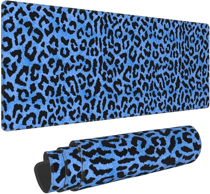 Blue Leopard Skin Print XL Large Mouse Pad with Stitched Edges Long Non-Slip Rubber Base Mousepad Laptop Keyboard Mat Desk Pad for Office Home Desk Decor, 31.5" X 11.8"