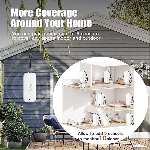WiFi Hygrometer Thermometer Indoor Outdoor: Smart Temperature and Humidity Sensor with App Notification and Data Storage, 150m Range, Compatible with Alexa, 4 Sensors +1 Base Station