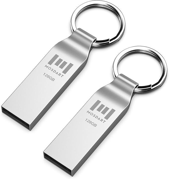 MOSDART Waterproof 128GB USB2.0 Flash Drive, exFAT Metal Memory Stick with Keychain, for System Back, Data Storage, Silver(Pack of 2)