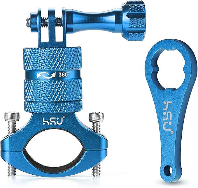HSU Aluminum Bike Bicycle Handlebar Mount for Gopro Hero 13/12/11/10/9/8/7/6/5/4 Session SJCAM AKASO Campark and Other Action Cameras, 360 Degrees Rotary Mountain Bike Rack Mount (Blue)