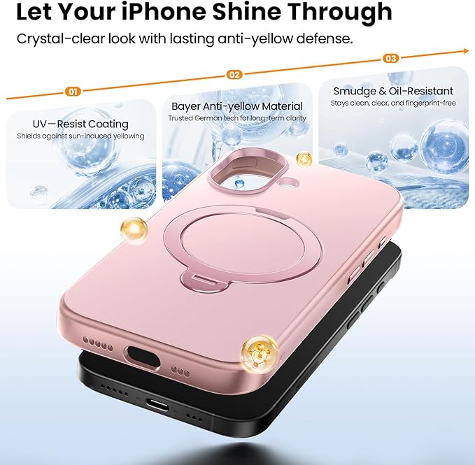 360°Ring Stand for iPhone 17 Case, Compatible with MagSafe, Military-Grade Protective,Anti-Yellowing, Scratch-Resistant Back Cover Phone Case for iPhone 17 6.3", Light Pink