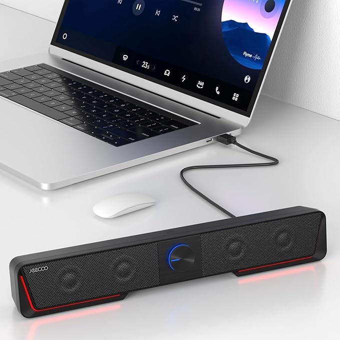 Jeecoo A40 Bluetooth Computer Speakers with Clear Sound, USB Plug & Play PC Speakers with LED Light, Computer Sound Bar with Switch Button for Desktop Laptop Monitor (USB-C Adapter Included)