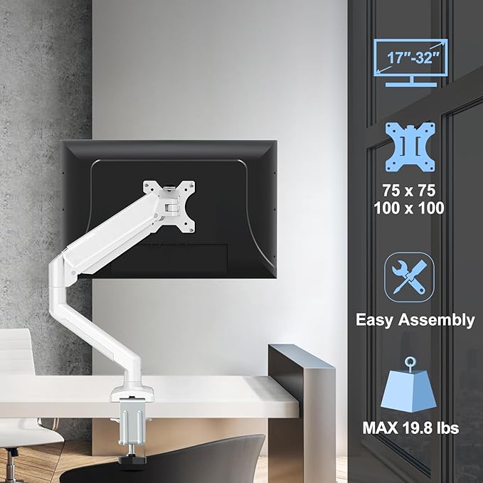 Single Monitor Mount Arm Fits up to 32 Inch, Desk Mount Holds 4.4-19.8lbs Computer Screen, Full Motion Gas Spring,VESA, White