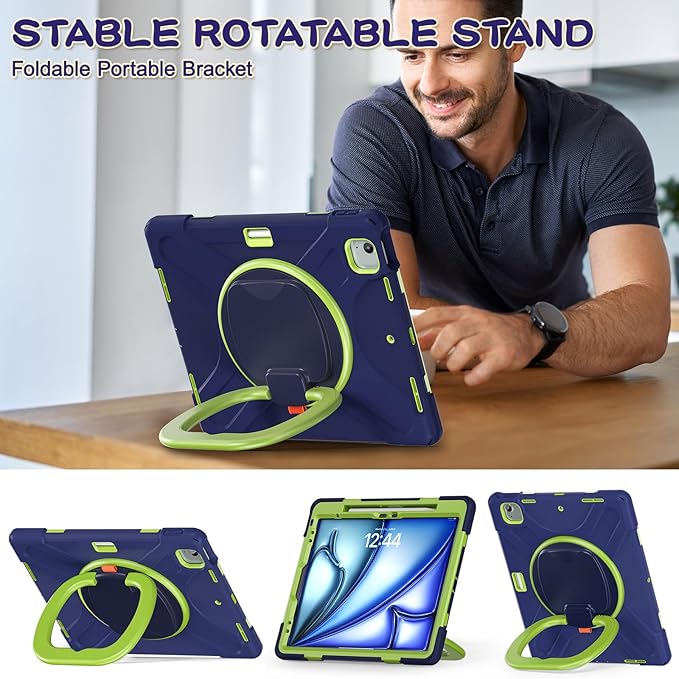 SCSVPN Case for iPad Air 13 inch M4 2026/ M3 2025/M2 2024 & iPad Pro 12.9'' 6th/5th/4th/3rd Generation 2022 2021 2020 2018, Protective Cover with Pencil Holder-Stand-Handle-Shoulder Strap, Navy Green