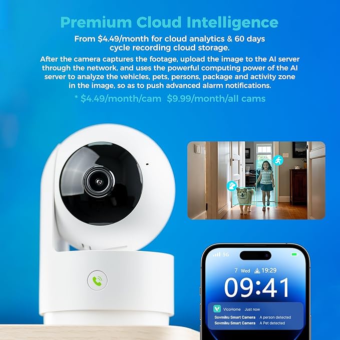 Vicohome 2K Indoor Security Camera, 5GHz Wi-Fi, Plug-in, 24/7 Recording, AI Tracking, Pet Baby Monitor, 360° View Pan/Tilt, 2-Way Audio, Night Vision, Easy to Setup, Audible Alarm,180 Days Care Plan