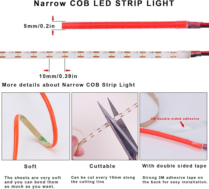 TOPAI 12V Thin 5mm Red COB LED Strip Light 16.4ft Self Adhesive Bright Uniform Dotless 400LEDs/M Flexible Cuttable Narrow LED Tape for DIY, Bedroom, Decor Lighting