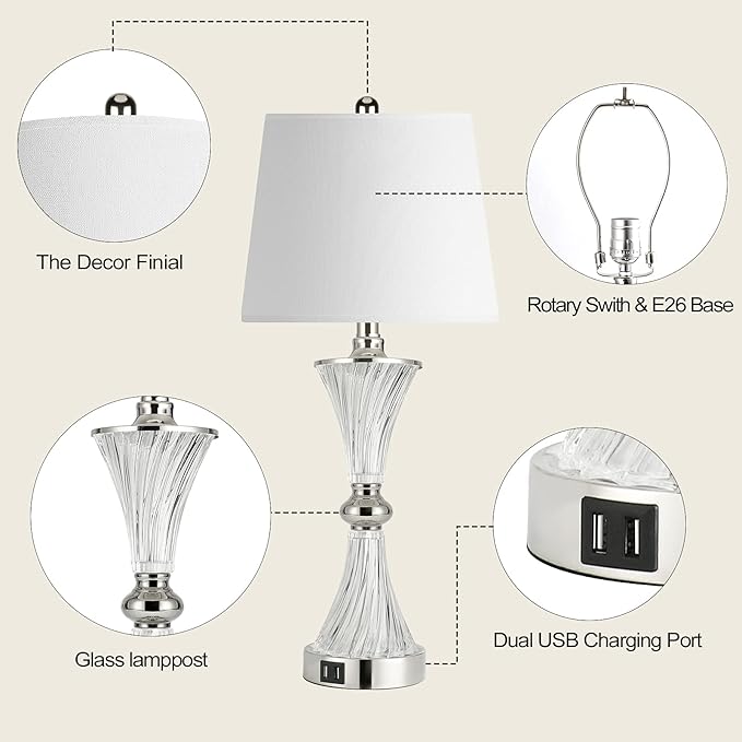 Hamucd Touch Control Table Lamp for Bedrooms 3 Way Dimmable White Drum Shade Modern Bedsides Nightstand lamp Set of 2 with 2 USB Charging Port(Bulbs Included)