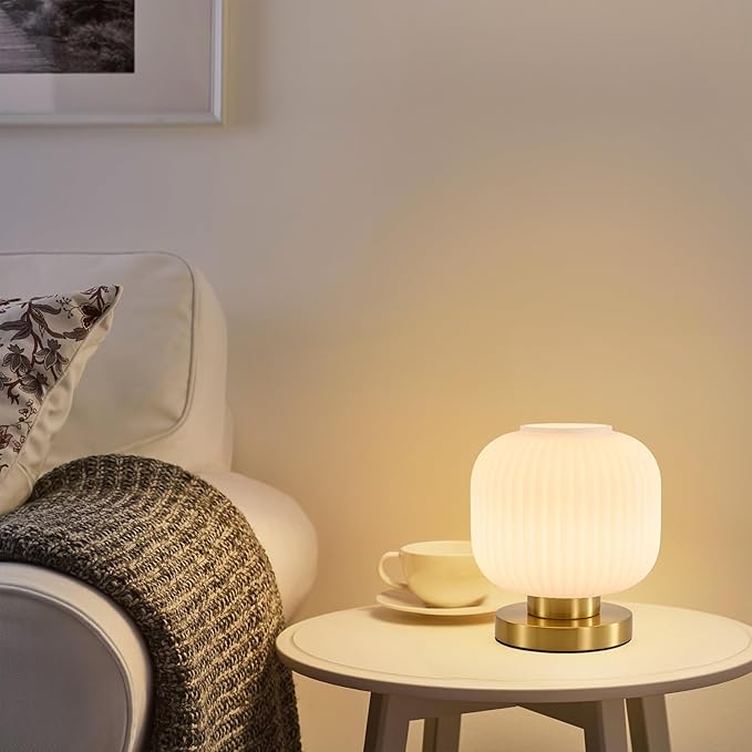 Globe Glass Mid Century Lamp: 7.9" Dimmable Milky White Brass Small Plug in Table Lamps - Vintage Cute Bedroom Ambient Bedside Nightstand Lamp - Modern Entryway Desk Shelf Gold Decorative Ribbed Lamps
