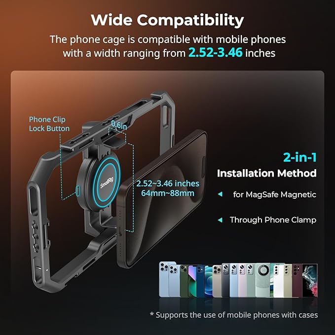 SmallRig Universal Quick Release Phone Cage Kit Basic, Aluminum Smartphone Video Rig Kit with Wireless Control Dual Handles and Phone Clip, for MagSafe, for iPhone 17 16 15 for Samsung for Pixel