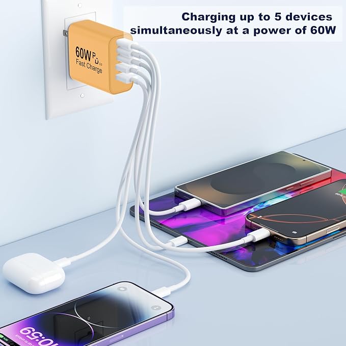 USB C Charger Block, 60W 5 in 1 Charging Blocks, PD 3.0 Fast Charger, QC 2A Yellow Wall Plug Multiport Type C Charging Block for iPhone 17 16 15 14 13 12 Pro Max, iPad, iPod, Samsung, AirPods Pro