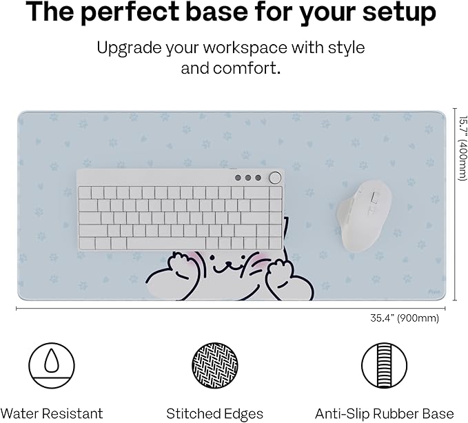 Pixio Mouse Pads - 36 x 16 inch XXL Squishy Cat Light Blue Multifunctional Large Desk Mats for Gaming, Office, Desktop Anti-Slip Waterproof Washable Computer Mouse Mat