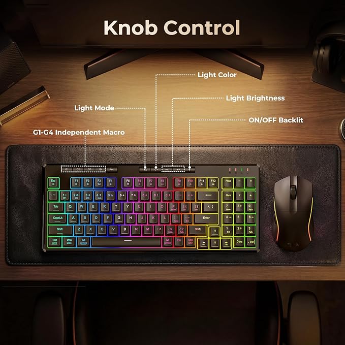 Redragon S156 Wireless Keyboard and Mouse with Tri-Mode, Mechanical Feel Keyboard and 4800 DPI 61G Ultra-Light Gaming Mouse, RGB Backlit, 4 Macro Keys, Long Battery Life for PC, Mac, Ideal for Gamer