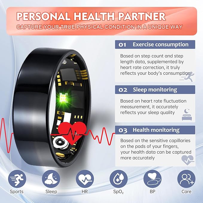 Smart Ring Health Tracker for Women Men, Sleep Tracker with Heart Rate,SpO₂,Blood Pressure, Fitness Ring for Activity Monitoring, No Subscription, Step Tracker Ring for ios&Android (Black, #12)