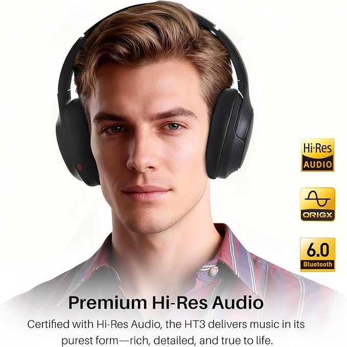 TOZO HT3 Hybrid Noise Cancelling Headphones, 90H Battery Life Wireless Over Ear Bluetooth 6.0 Foldable Headset, AI Voice Assistant with 5 Mics, Connect 2 Devices and Hi-Res Sound, 32 EQ Audio Presets