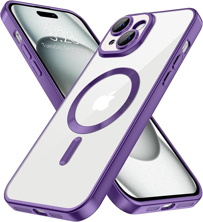 Hython Magnetic Clear for iPhone 15 Plus Case with Camera Lens Protector [Compatible with MagSafe] Luxury Plating Edge Slim Soft TPU Cover Protective Phone Case for iPhone 15 Plus 6.7", Matte Purple