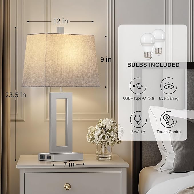 Cinkeda Touch Control Table Lamp Set of 2, Modern Silver Bedside Lamps with USB C+A Ports & AC Outlet, 3 Way Dimmable Bedroom Lamps for Night Stands Bedroom Living Room,Nightstand Lamp