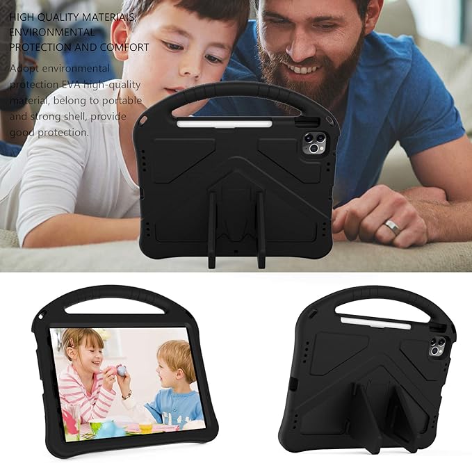 Kids Case for iPad Pro 11" 2022/2021/2020/2018 & iPad Air 5th/4th Gen, Techcircle Pencil Holder Lightweight Shockproof EVA Foam Handle Stand Anti-Slip Grip Rugged Cover, Black