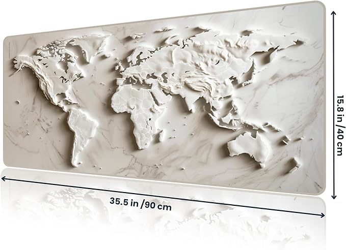 White Marble World Map Desk Pad – Large Mouse Mat for Keyboard and Mouse, Topographic Non-Slip Surface for Desktop