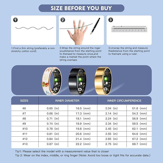 Smart Ring Health Tracker for Women Men, Sleep Tracker with Heart Rate,SpO₂,Blood Pressure, Fitness Ring for Activity Monitoring, No Subscription, Step Tracker Ring for ios&Android (Enamel color, #6)