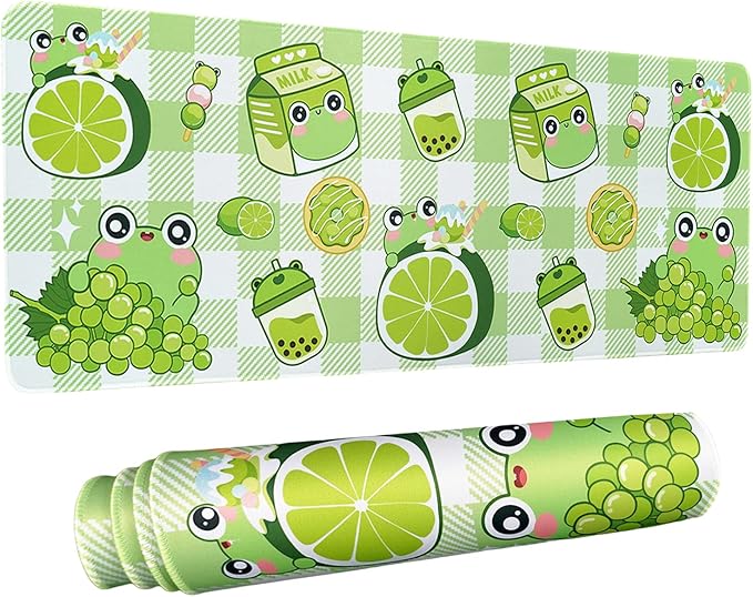 Kawaii Frog Gaming Mouse Pad for Desk, Extended Large Frog Donut Boba Milk Tea Mouse Pad, Green Mousepad XL, Long Big Mouse Mat, Kawaii Frog Decor Stuff Accessories, 31.5 X 11.8 Inch