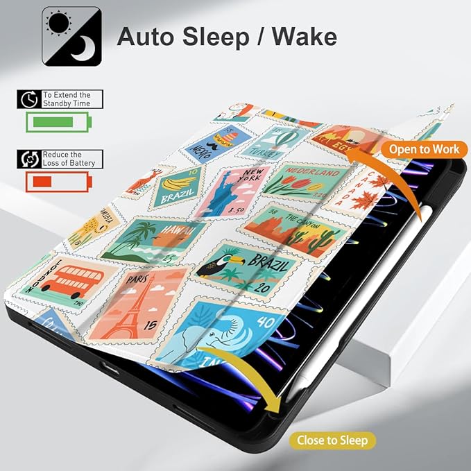 DONGKE Case for iPad Pro 12.9 inch 6th Generation 2022, Built-in Pencil Holder + Trifold Stand + Auto Wake/Sleep + Protective Cover for iPad Pro 12.9 5th/4th/3rd Gen- Post Stamps