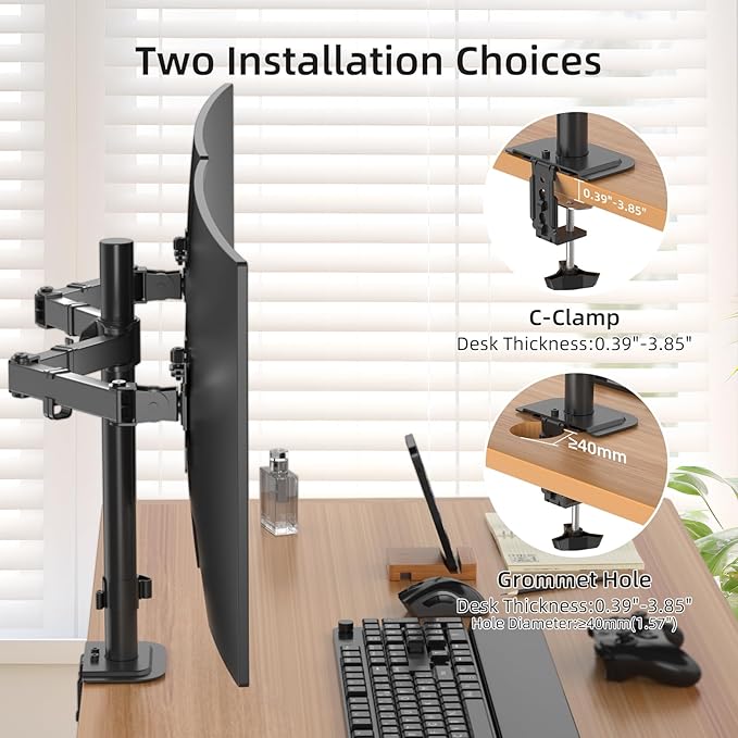 Suptek Dual Monitor Desk Mount, Adjustable Dual Monitor Arm for 2 Monitor Screens up to 43 inch, 15.75" Pole Monitor Stand for Desk, Holds up to 22 lbs, Black(MD9442LB)