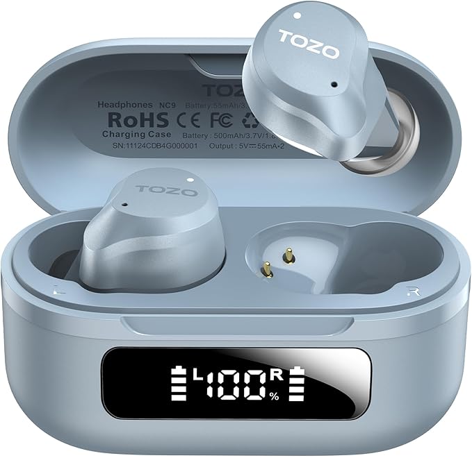 TOZO NC9 Hybrid Active Noise Cancelling Wireless Earbuds, 6 Mics ENC Clear Call, IPX8 Waterproof, in Ear Bluetooth 5.3 Headphones Stereo Bass Ear Buds 60H Playtime with LED Display 32 EQs via APP