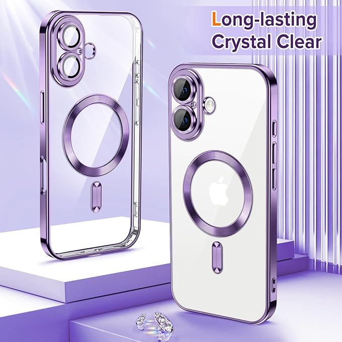 Hython Magnetic Clear for iPhone 16 Case with Camera Lens Protector [Compatible with MagSafe] Luxury Plating Edge Slim Soft TPU Cover Protective Phone Case for iPhone 16 6.1", Deep Purple