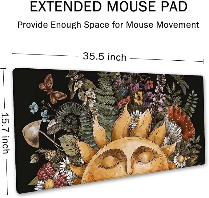 SSOIU Vintage Sun with Woodland Treasures, Amanita Mushroom, Fern, Forest Plants Sun Forest Woodland Nature Mushroom Wild Foraging Green Witch Desk Mat, Extended Mouse Pad, XXL Gaming Desk 35.5"x15.7"