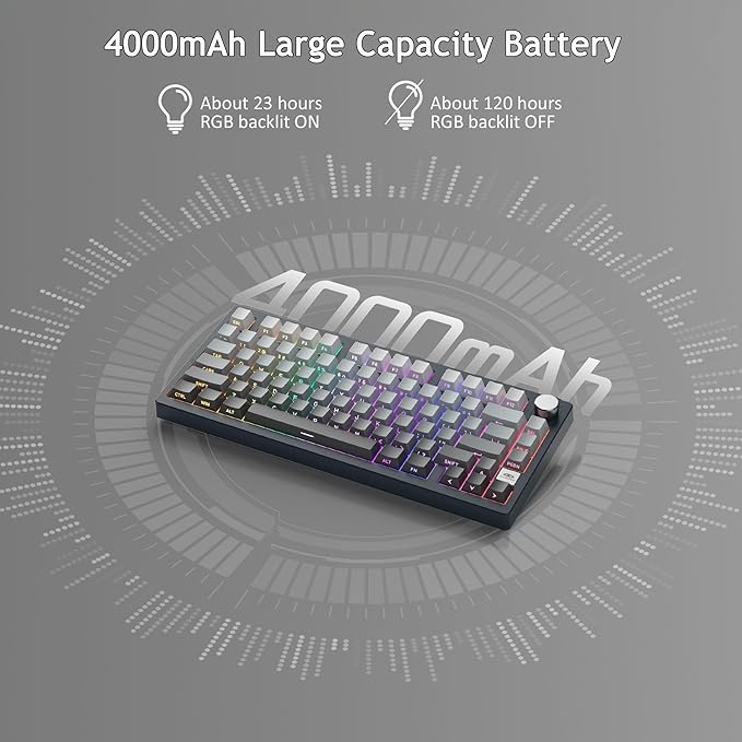 MageGee LIGHT75 Wireless Creamy Keyboard, Tri-Mode Bluetooth/2.4GHz/USB-C RGB Backlit, Gasket Hot Swappable Custom Gaming Keyboard for Win/Mac/PC, with Knob, Side Printed PBT Keycaps, Black