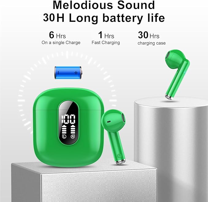Jesebang Wireless Earbuds, Bluetooth 5.4 Headphones HiFi Stereo, Bluetooth Earbuds with ENC Noise Cancelling Mic, 36H LED Display Ear Buds, IPX7 in Ear Earphones for Phone Tablet Laptop Sports, Green